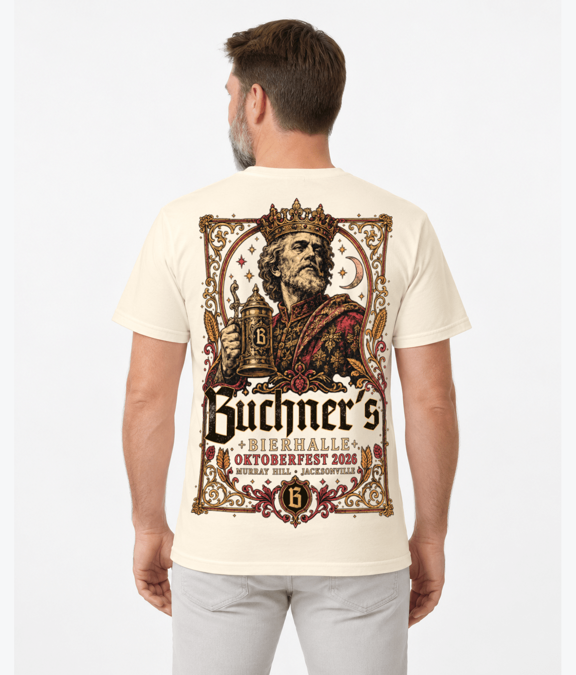 Back view of a model wearing the ivory Buchner's Bierhalle Oktoberfest 2026 commemorative T-shirt.