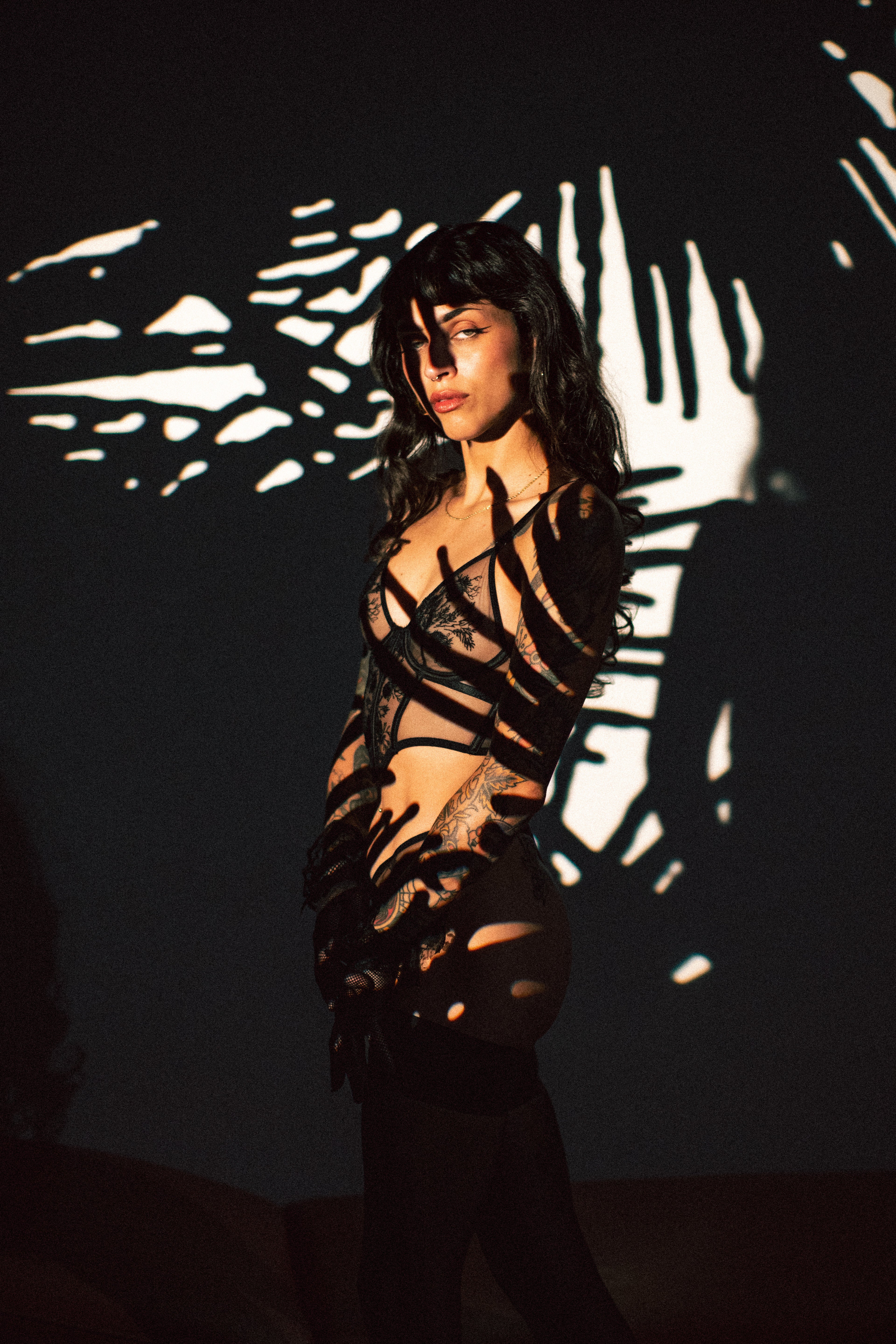 A model wearing a black strappy cutout bodysuit and thigh-high stockings, standing against a dark background with dramatic white shadow projections.