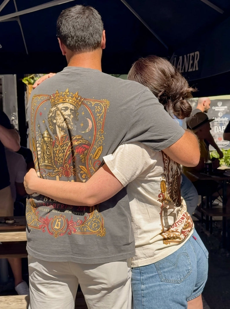 Couple wearing Buchner's graphic shirts during the Oktoberfest event