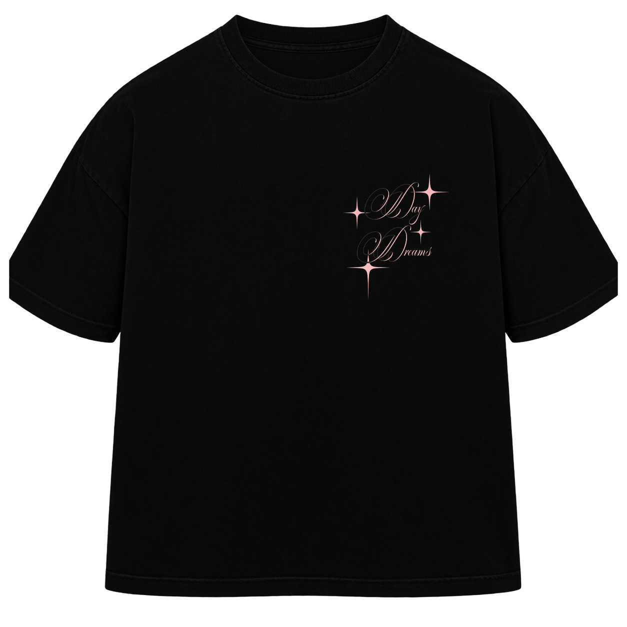 A black short-sleeve crewneck t-shirt with a small pink glittery script graphic on the left chest that reads 'Day Dreams' with star accents, shown against a plain white background.
