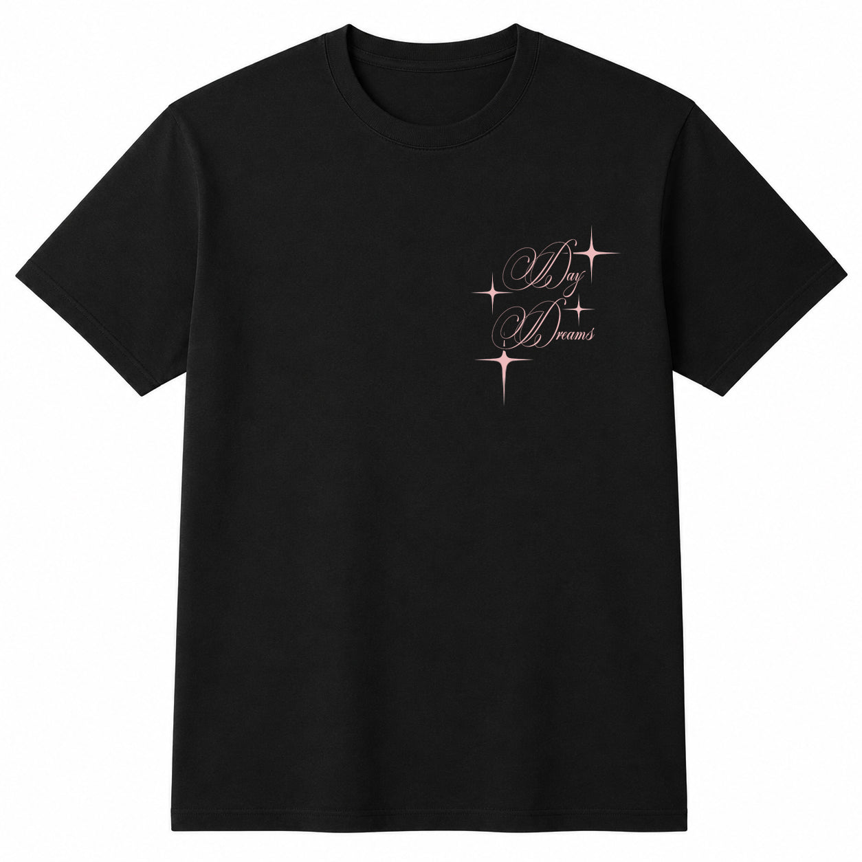 A black short-sleeve crewneck t-shirt with a small rose gold graphic on the left chest that reads 'Day Dreams' in cursive script with star accents, shown against a plain white background.