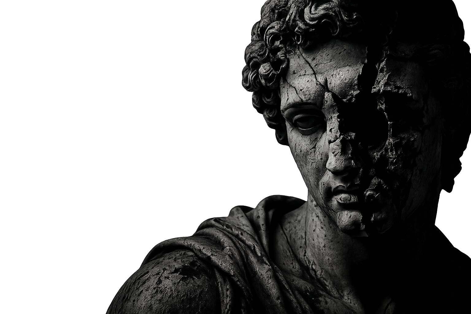 Black and white decaying statue of the head of a classical figure.