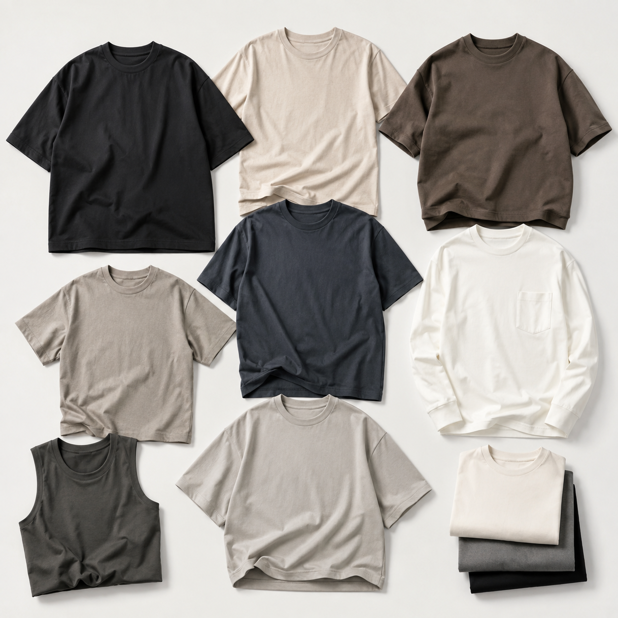 Nine different neutral-colored t-shirts and tank tops are neatly arranged in a grid on a light gray background. The collection includes various shades of black, beige, brown, gray, navy, and white, including both short-sleeve and long-sleeve styles.